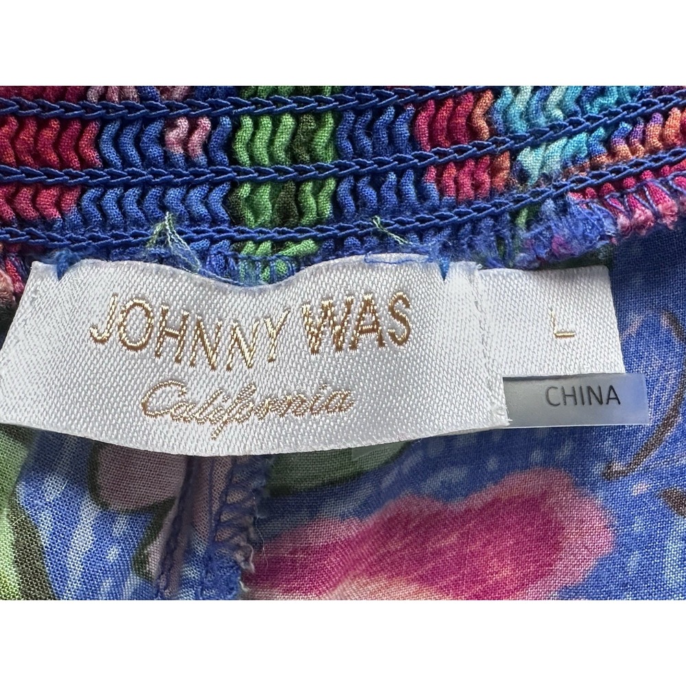 Johnny Was Rumba Tiered Pants L Blue Floral Rayon Palazzo Wide Leg Boho Resort - Picture 10 of 16